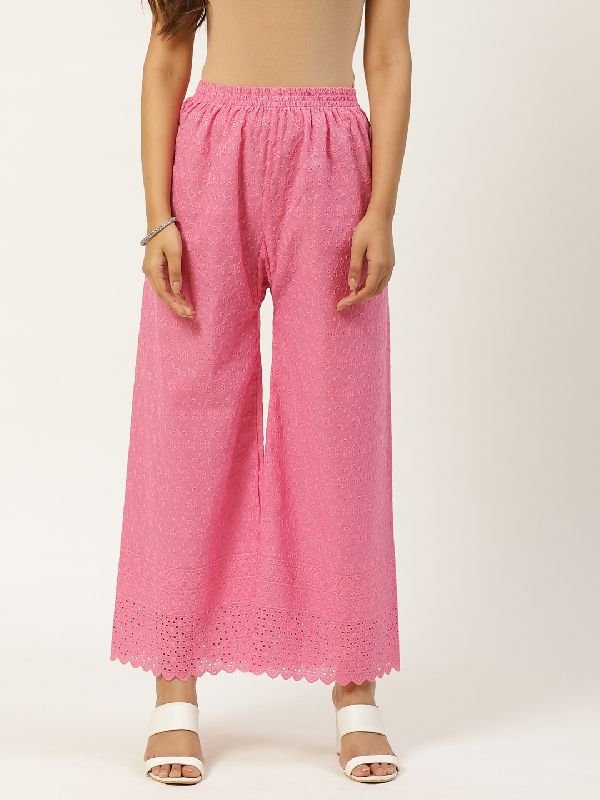 Regular Fit Cotton Chikan Palazzo - (Pink)