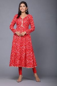 Bandhej Rayon Red A Line Kurta