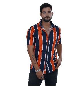 Orange Striped Cotton Half Sleeves Shirt
