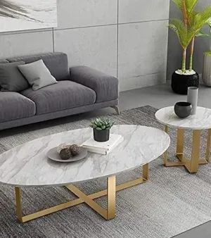 Iron Polished Stainless Steel Center Table with Marble Top