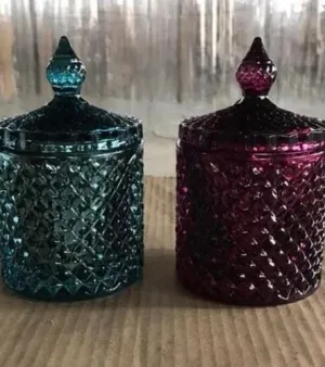 DIAMOND CUTTING MULTI COLOUR CANDLE GLASS JAR