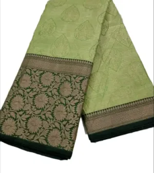 Party Wear Green Kora Muslin Tanchui Silk Saree