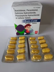 Aceclofenac, Paracetamol, Cetirizine HCL, Phenylephrine Hcl & Caffeine Tablet, Aclocold, Color : yellow