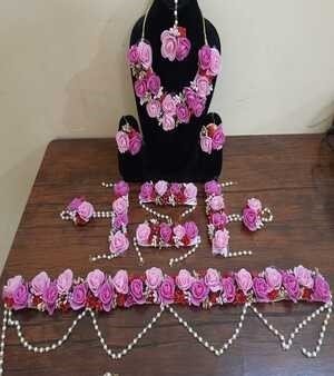 Pink Flower Necklace Set With Earrings