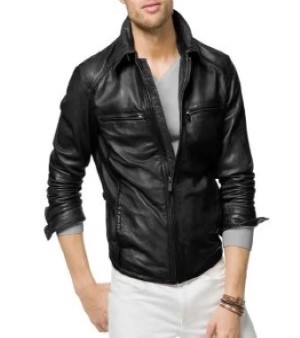 Men Black Front Zipper Biker Jacket With High Stand Collar