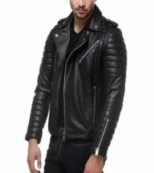 Men Black With Front Zipper Biker Jacket