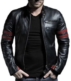 Men black Front Zipper Biker Jacket With High Stand Collar