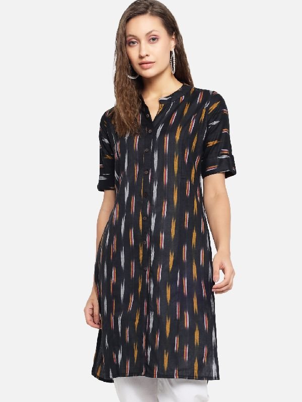 Pure Cotton Ikat Printed Kurti - (Black)