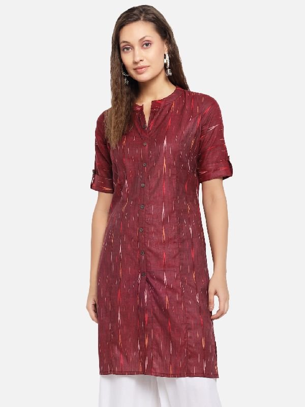 Pure Cotton Ikat Printed Kurti - (Maroon)