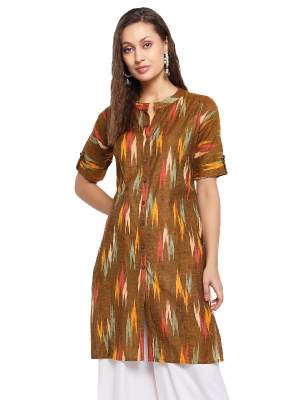 Pure Cotton Ikat Printed Kurti - (Mehndi Green)