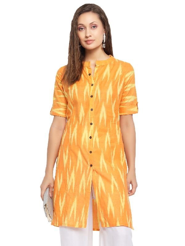 Pure Cotton Ikat Printed Kurti - (Orange)