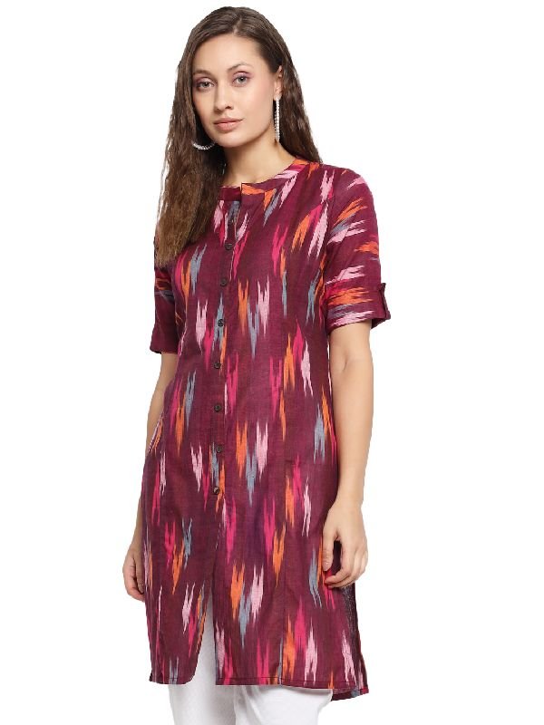 Pure Cotton Ikat Printed Kurti - (Purple)