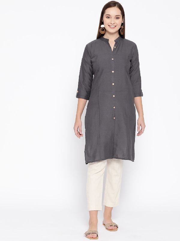 Cotton Solid Kurti - (Dark Grey)