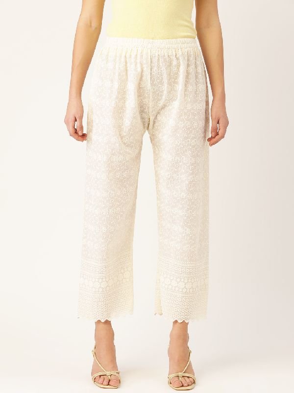 Regular Fit Cotton Chikan Palazzo - (Off-White)