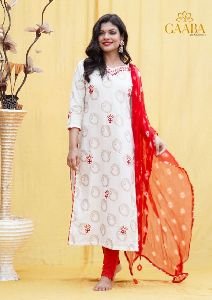 Kora Handblock Kurta with Bandhej Dupatta