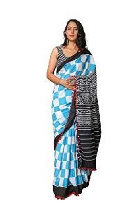 Multicolor Blue Handloom Handloom Pure Cotton Printed Sarees