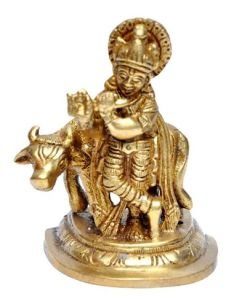 12 Inch Brass Krishna With Cow Statue