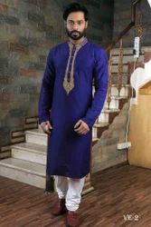 Navy Blue Cotton Party Wear Kurta Pajama