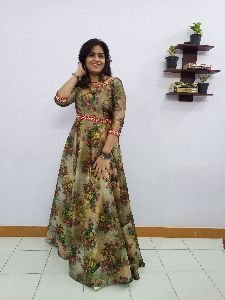 Ladies Floral Printed Gown with Embroidered Belt