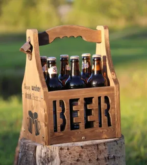 Wooden Beer Caddy with opener Bottle holder 6 Pack