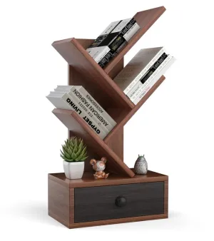 Tangkula 5 Tier Tree Bookshelf with Drawer, Rustic 5 Shelf Space Saving Corner Bookcase, Retro Wooden Book Shelves for Books_CDs_Movies, Open Display Shelf for Home Office (Brown, 5 Tier)