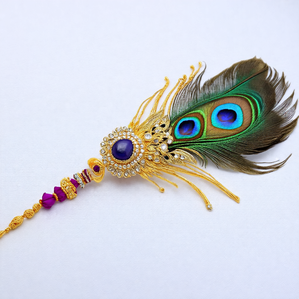 Peacock Feather Rakhi – Golden & Kundan