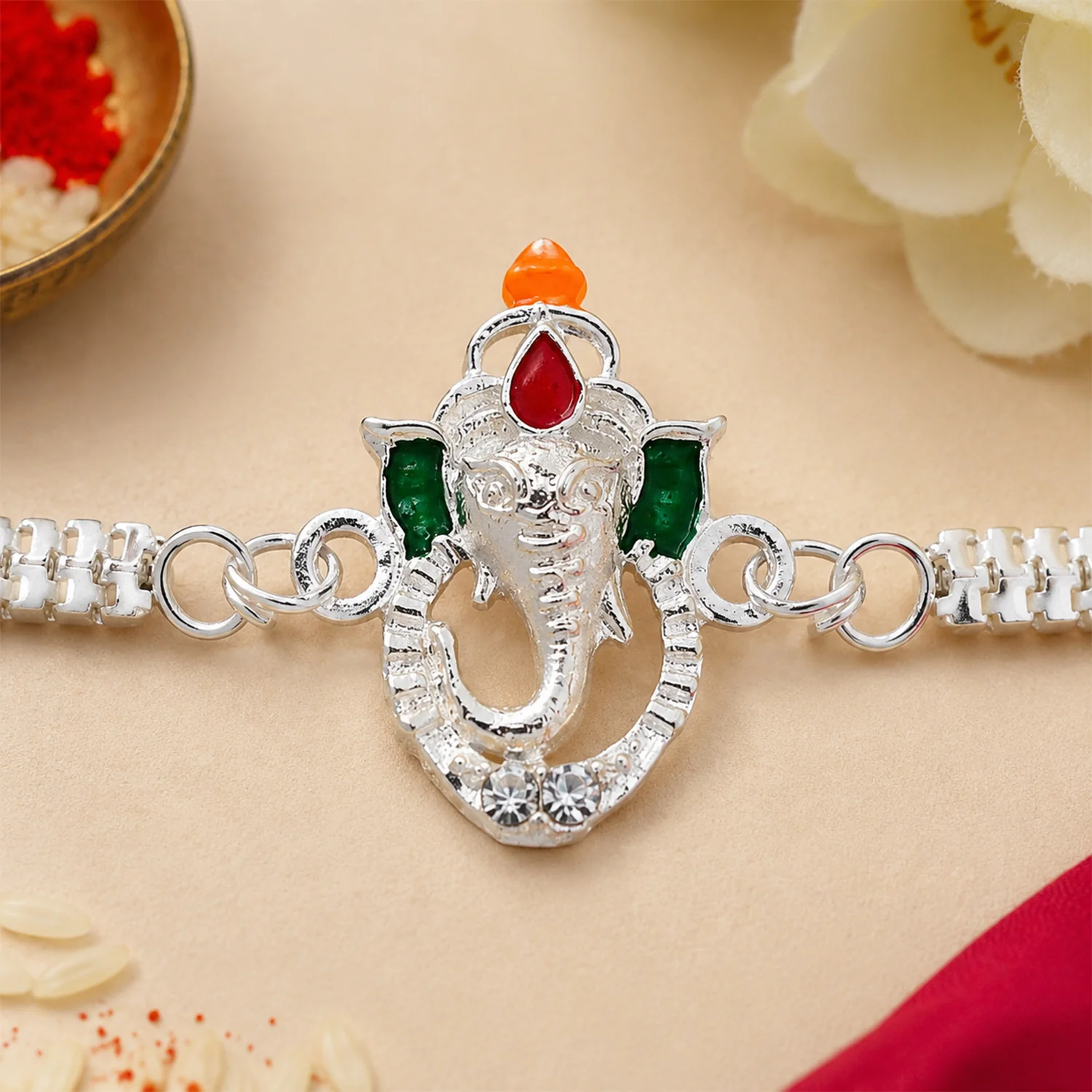 Ganesha Rakhi – Stylish Enamel & Silver Chain