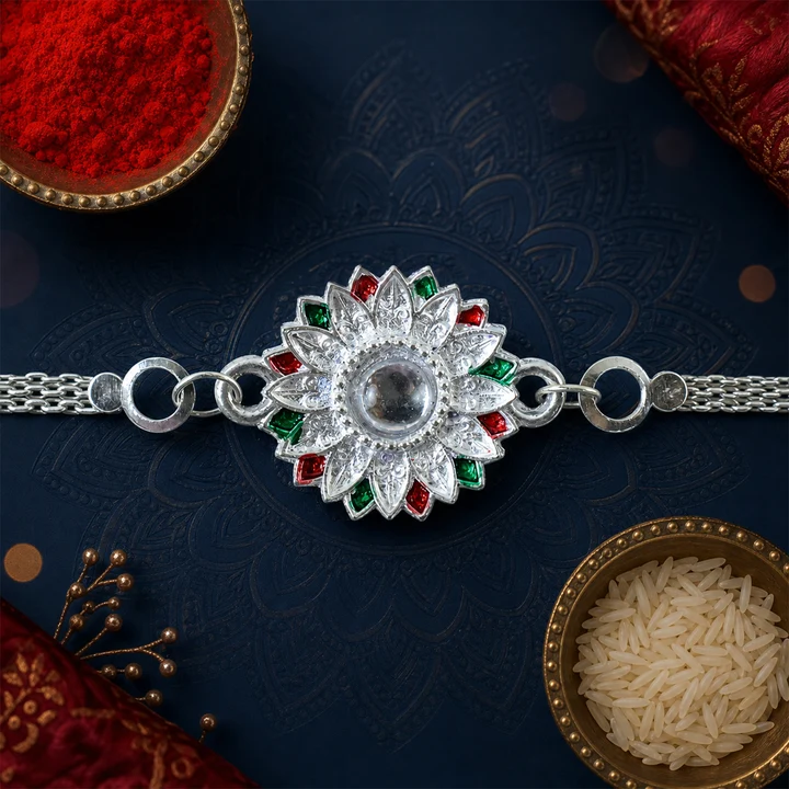 Silver Rakhi – Elegant Meenakari Floral Design